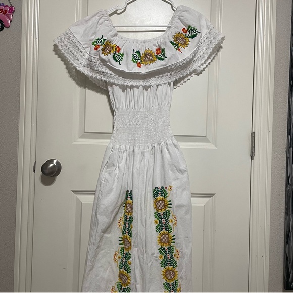 White embroidered Smocked Off-Shoulder jumpsuit - Picture 1 of 7